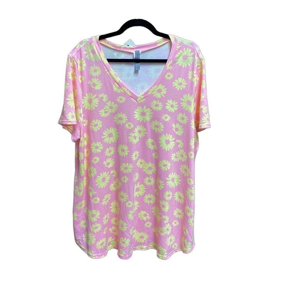 Honeyme Pink & Yellow Daisy V-Neck Short Sleeve Top Size XXXL NWT